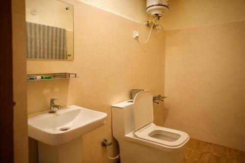 une salle de bains avec lavabo, toilettes et miroir dans l'établissement LVMR MIDTOWN STUDIO APARTMENT Shamshi, à Kulu