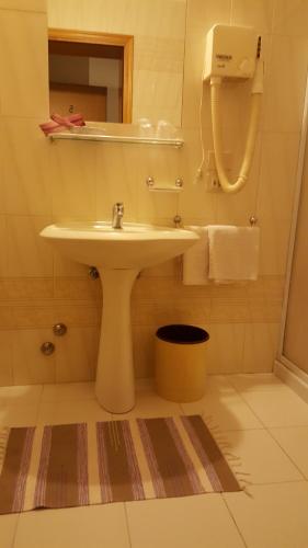 een badkamer met een witte wastafel en een spiegel bij Albergo Ristorante La Campagnola in San Salvaro