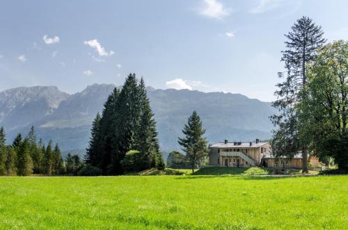 a house in a field with mountains in the background at Sportappartements in Bad Mitterndorf