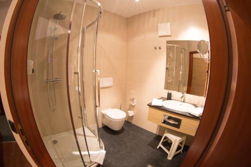 La salle de bains est pourvue d'une douche, de toilettes et d'un lavabo. dans l'établissement Hotel Kreller, à Freiberg
