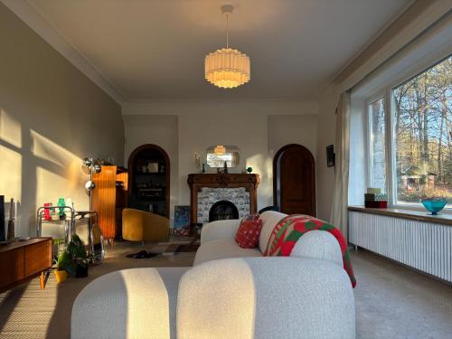 a living room with a couch and a fireplace at Aux étangs fleuris in Rochefort
