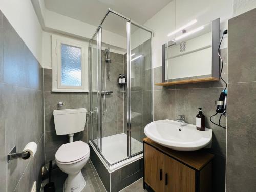 een badkamer met toilet, douche en wastafel bij Cozy, central, fully equipped in Essen in Essen