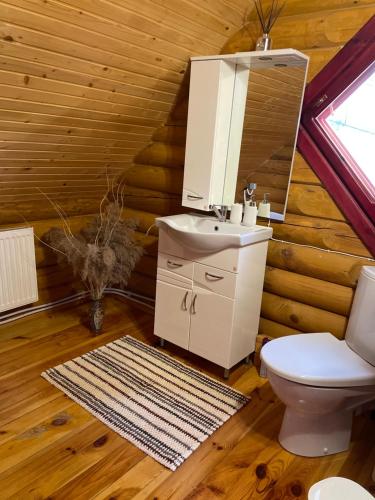 a bathroom with a sink and a toilet in a log cabin at Еко котедж Яблуницька троянда in Yablunytsya