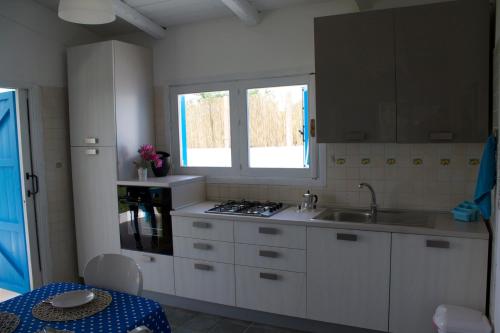 kuchnia z białymi szafkami, zlewem i oknem w obiekcie Villa Porto Ulisse w mieście Ispica