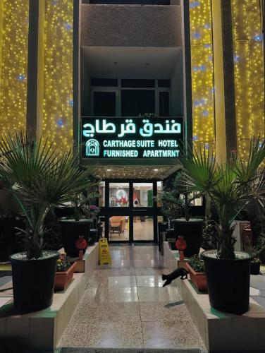 un gatto sdraiato sul pavimento davanti a un edificio di Carthage suites hotel a Baghdād