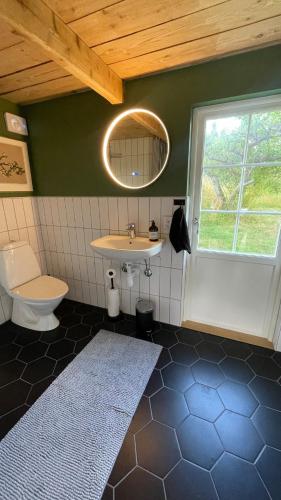 a bathroom with a sink and a toilet and a window at Stuga i Maglehem in Degeberga