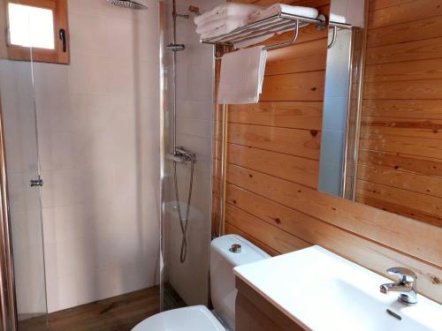 een badkamer met toilet, douche en wastafel bij Bungalows Nou Camping in Guingueta