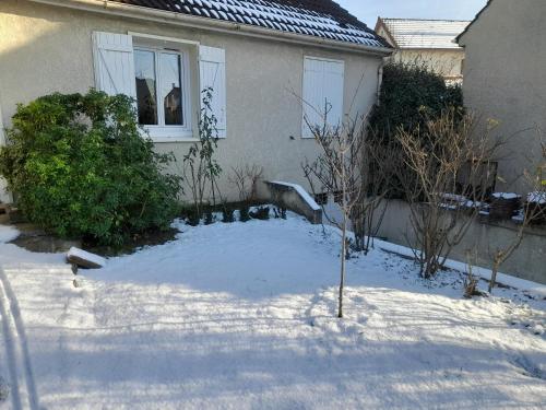 a small tree in the snow in front of a house at Chambre Cosy Eaubonne in Eaubonne