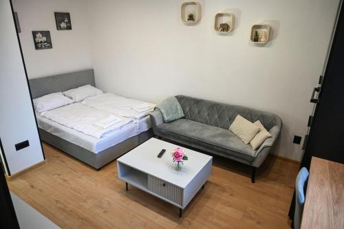 a small living room with a couch and a table at Cozy Studio Heart in Banská Bystrica