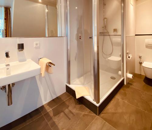 a bathroom with a shower and a sink at Haus am Park in Bad Hersfeld