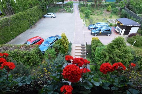 a group of cars parked in a parking lot with red flowers at HOTEL DIANA apartments in Prague