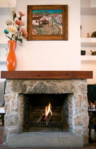 a fireplace with a fire in it with a painting on the wall at Casa Rural El Secreto de las Eras in Candelario