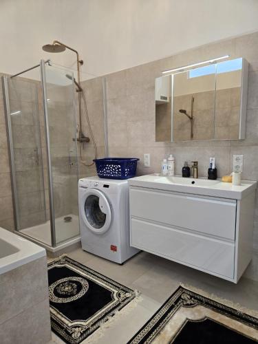 a bathroom with a washing machine and a sink at Apartment Geidorf in Graz
