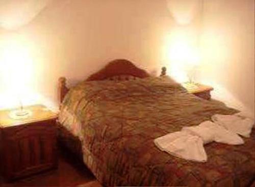 1 dormitorio con 1 cama con 2 mesitas de noche y 2 lámparas en El Espinillo en Merlo