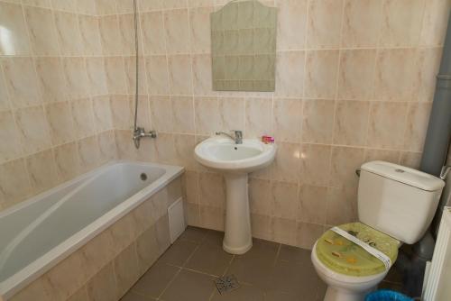 een badkamer met een wastafel, een toilet en een ligbad bij Hotel Parc in Onești