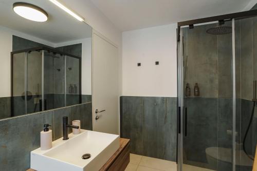 a bathroom with a sink and a shower at Mountain View Suites in Tesimo