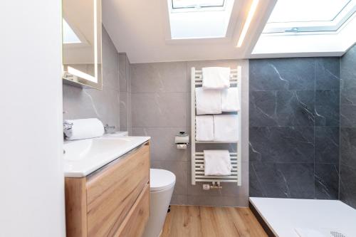 a bathroom with a sink toilet and a skylight at Heu22 Heuboden in Farchant