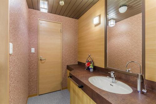 a bathroom with a sink and a mirror at ホテル彩柏市若柴店 in Kashiwa
