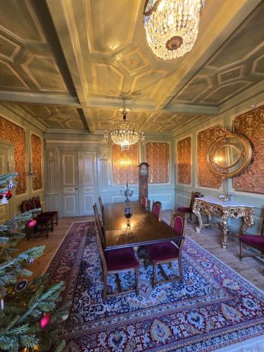 een eetkamer met een tafel, stoelen en een kroonluchter bij Solvang in Assens