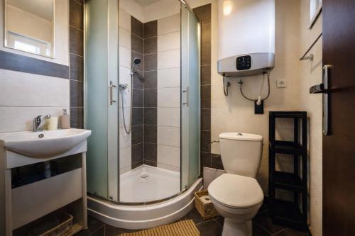 a bathroom with a shower and a toilet and a sink at Piemonti Bešeňová in Bešeňová