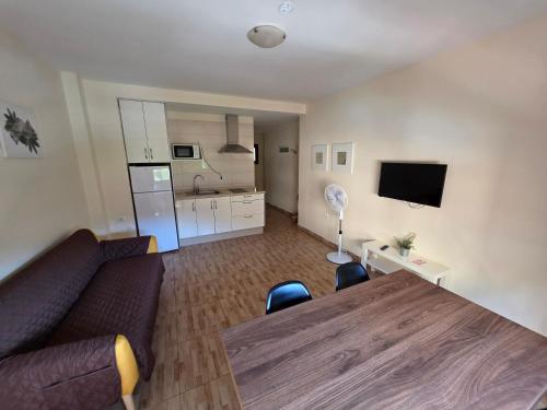 een woonkamer met een bank en een tafel en een keuken bij apartamentos la villa 3 in San Sebastián de la Gomera