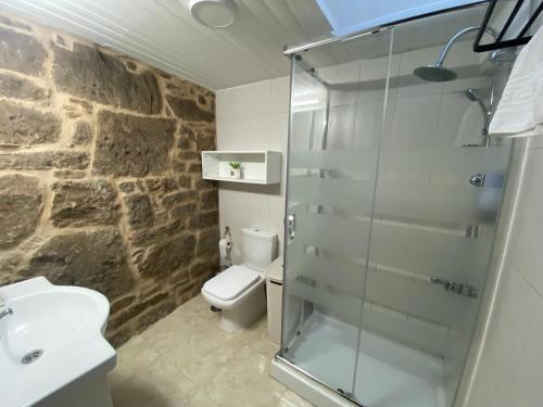 een badkamer met een douche, een toilet en een wastafel bij Casa Navia in Villanueva de Arosa
