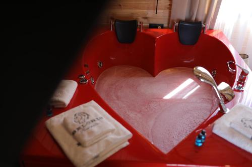 a red sink with a heart on it at Beloris Bungalov in Erenköy
