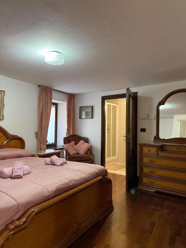 ein Schlafzimmer mit einem Bett, einer Kommode und einem Spiegel in der Unterkunft Maison Berthod in Aosta