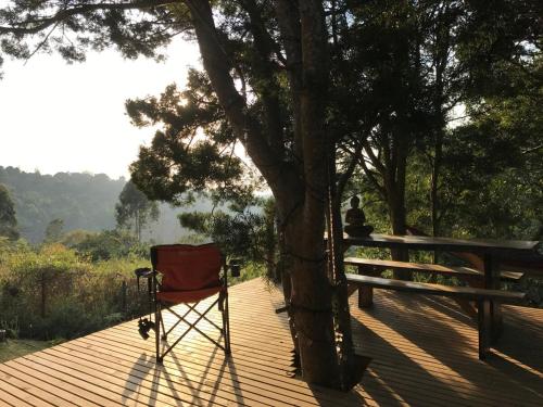 a chair sitting on a deck next to a tree at Masinga in Hillcrest