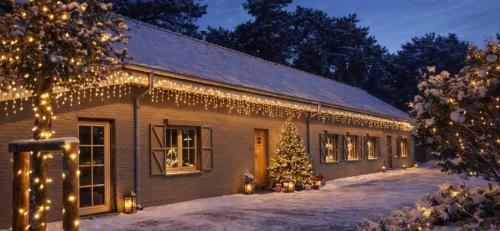 a building covered in christmas lights with a christmas tree at de Kegelhoeve in Zonhoven