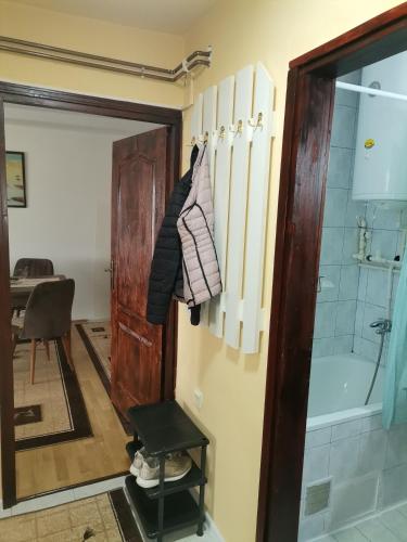 a bathroom with a shower and a tub and a door at Mala Sirena in Pirot