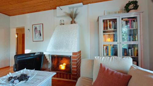 a living room with a fireplace and a couch at Peaceful house for relaxing in Oulu