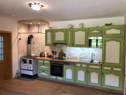 een keuken met groene kasten en een spoelbak bij Mauthnerhube Ferienwohnung mit Sauna, Whirlpool, Hüttenfeeling in Sankt Oswald ob Eibiswald