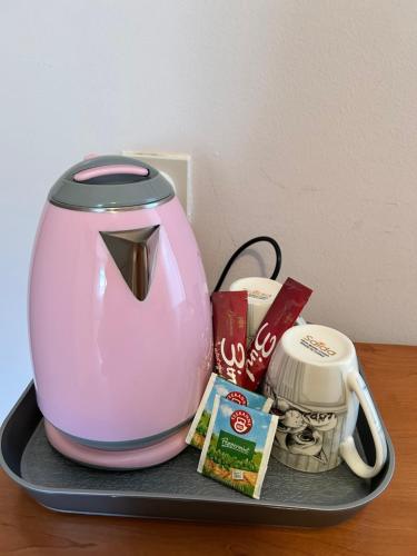 een roze koffiezetapparaat op een dienblad met een theeservies bij Vila Dunjić Prolom Banja in Prolomska Banja