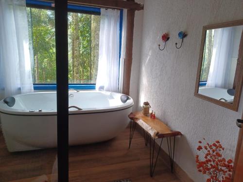 a bathroom with a large tub and a window at Sopro da Serra Chalé Papagaio in Gonçalves
