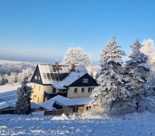 een huis op een besneeuwde heuvel met besneeuwde bomen bij Ferienwohnung Reinhardt Steinhübel in Kurort Seiffen