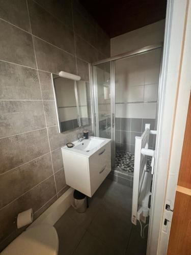 een badkamer met een witte wastafel en een douche bij Charmant logement avec 2 véranda in Le Vivier-sur-Mer