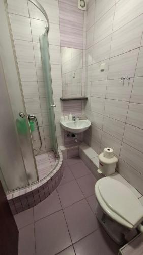 a bathroom with a toilet and a shower and a sink at Aquacentrum in Hajdúszoboszló