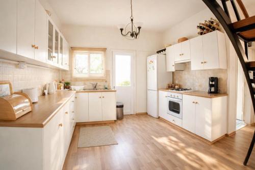 een keuken met witte kasten en een houten vloer bij Forest Park Villa in Lemithou