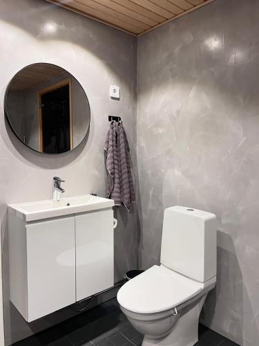 een badkamer met een wit toilet en een spiegel bij Villa Blacksmith in Rovaniemi