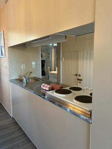 a kitchen with a counter with a stove and a sink at Cocoon Ny II - DURBUY in Hotton