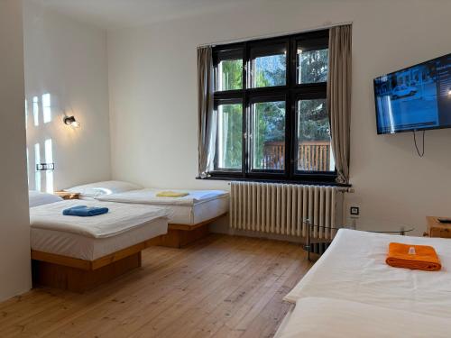 een slaapkamer met twee bedden en een tv aan de muur bij Pension 21 in Praag