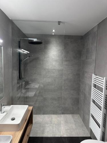 a bathroom with a shower and a sink and a toilet at Traum in Zell am See mit Badeplatz in Erlberg