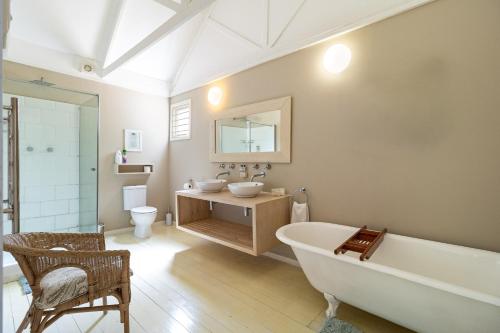 a bathroom with a tub and a sink and a toilet at Five Mountains Guest Farm & Spa in Wellington