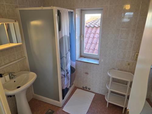 a small bathroom with a sink and a shower at Apartmaji Trije Valovi in Piran