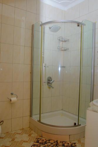 a shower with a glass door in a bathroom at CALM SUITES KAMPALA in Kampala