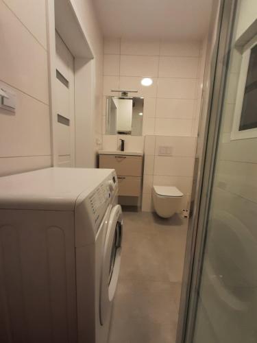 a small bathroom with a washing machine and a toilet at Czapury in Czapury