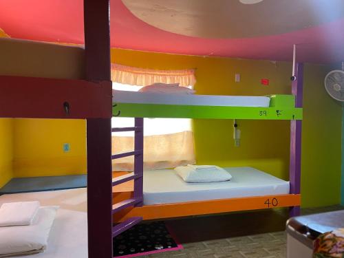 a bunk bed room with two bunk beds in it at Travellers Palm Backpackers in Caye Caulker