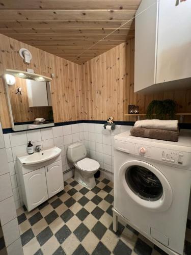 a bathroom with a washing machine and a toilet at Leilighet i låve in Gran