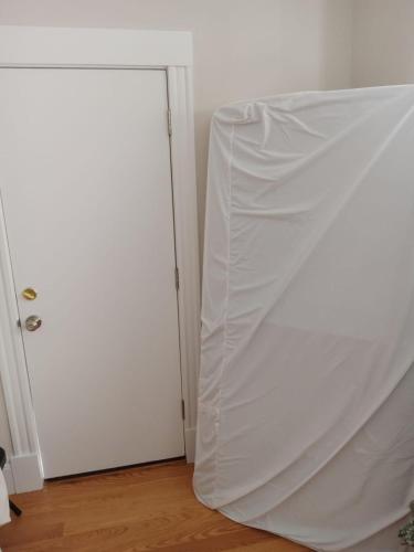a white door with a sheet hanging over it at Shared Salem Apt for staying in a bed in Salem